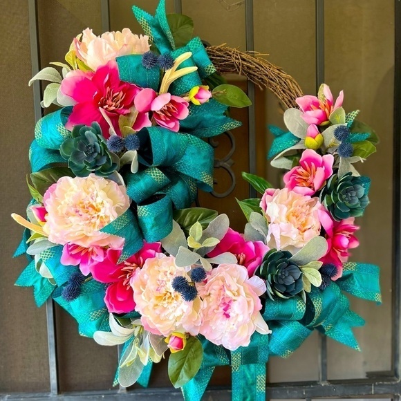 MAGNOLIA, PEONY, SUCCULENTS AND LAMBS EAR HANDCRAFTED WREATH - Picture 1 of 7